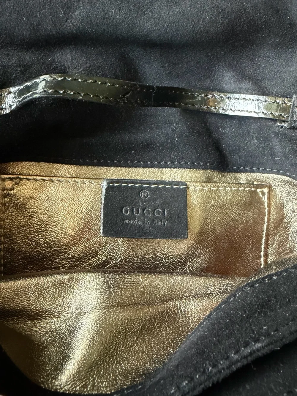 Vintage Gucci Black Patent Leather Clutch with Gold Crest
